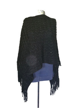 Women's Ardene Black Knit Poncho with Fringe, Size one size